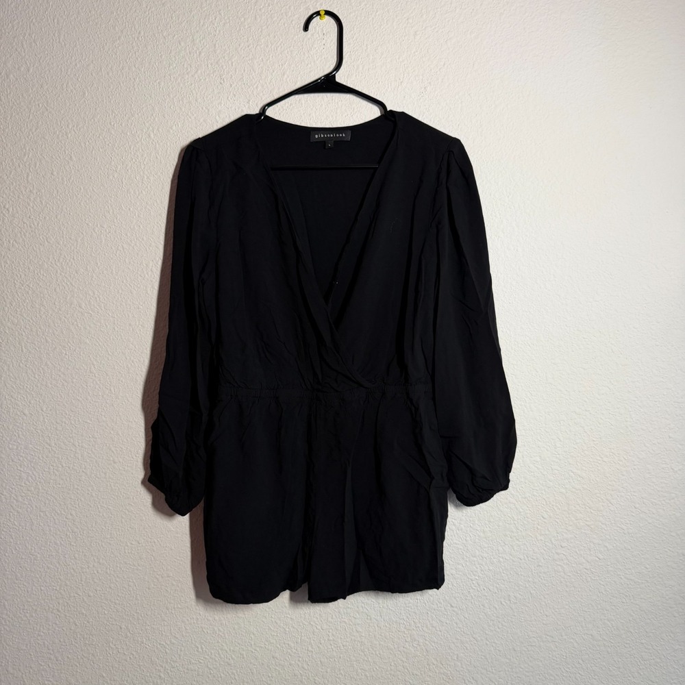 Gibsonlook Blouse Top Womens Large Black Surplice Neck Balloon Sleeve Pullover
